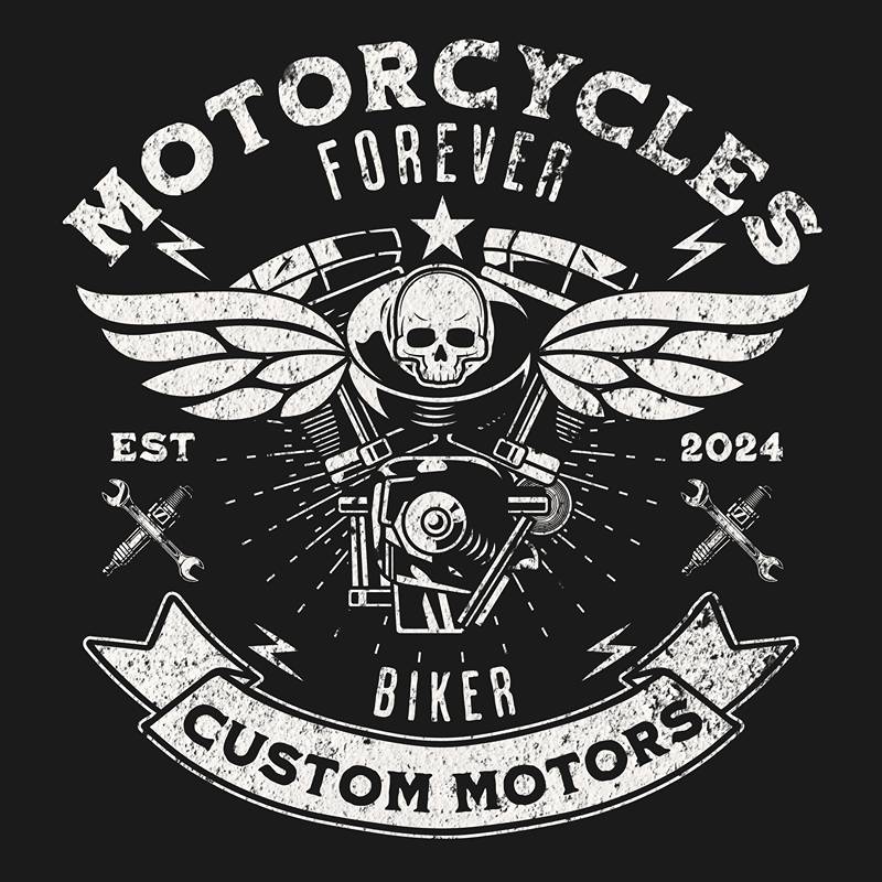Black and white biker style design with skull, wings and text 'motorcycles forever' and 'custom motors'.
