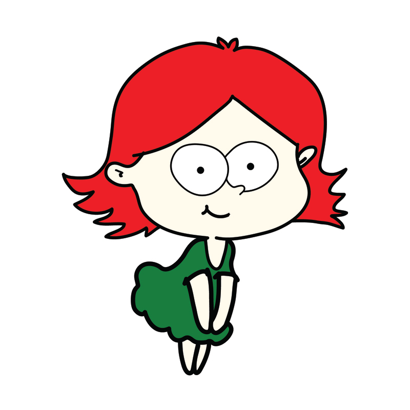 Cartoon girl with big eyes, red hair and green dress.