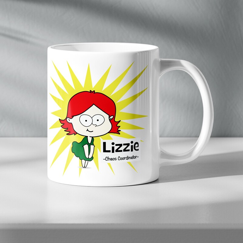 A customized white mug with a cartoon girl design and the text 'Lizzie-Chaos Coordinator'