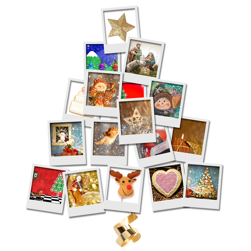 A Christmas tree shaped illustration of personal pictures.
