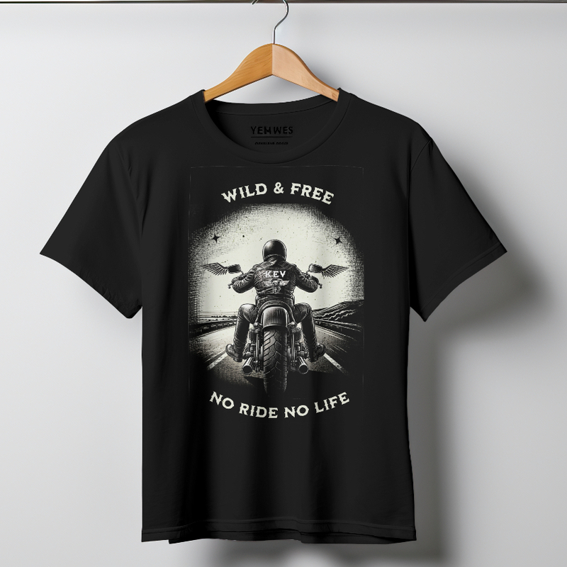 Black t-shirt with a black and white design featuring a biker riding on a Harley with text 'Wild and Free' and 'No Ride No Life'.
